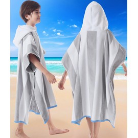 VOOVA & MOVAS Big Kids Hooded Bath Towels - Girl | Teens Pool Towel Poncho Towel Robe (8-16Years), Large Thick and Absorbent Cotton - Versatile for Pool, Swim, and Bath, Grey and White Wide Cabana