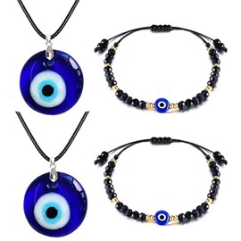 Evil Eye Necklace Bracelets Set Evil Eye Bracelets Beaded Mal De Ojo Necklaces Blue Evil Eye Necklace Protection Evil Eye Jewelry Set for Women (Bead Evil Eye Necklace Bracelets Set)
