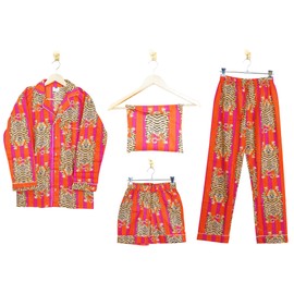 INDACORIFY Tiger Print Printed Cotton Nightsuit Indian Pajama Set Lounge Night Dress 4 Piece Pajama Set, multi-coloured, XS