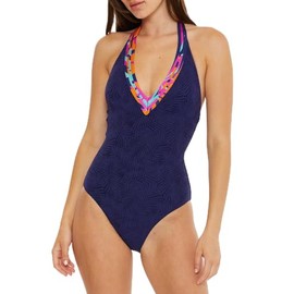 Trina Turk Women's Standard Daintree One Piece Swimsuit, Plunge Neck, Bathing Suits, Navy