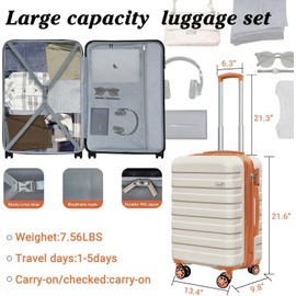 Zebra 20" Expandable Carry-On Luggage Set with TSA Lock, Lightweight Hardshell Suitcase with Spinner Wheels, PC+ABS Durable Checked Luggage, Bonus Travel Backpack & Cosmetic Makeup Bag, White-Brown