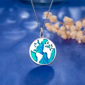 AM ANNIS MUNN Globe Necklace with Plate Necklace for Women 925 Sterling Silver Opal Necklace Women's Chain Silver Women's Jewellery with World Pendant Gifts for Girlfriend Ladies Mum, Sterling Silver,