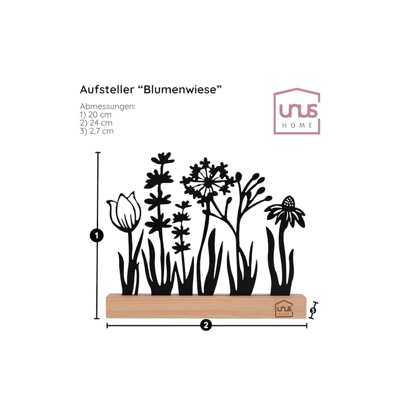UNUS Silhouette Decorative Flower Meadow Metal with Bamboo Wooden Base,