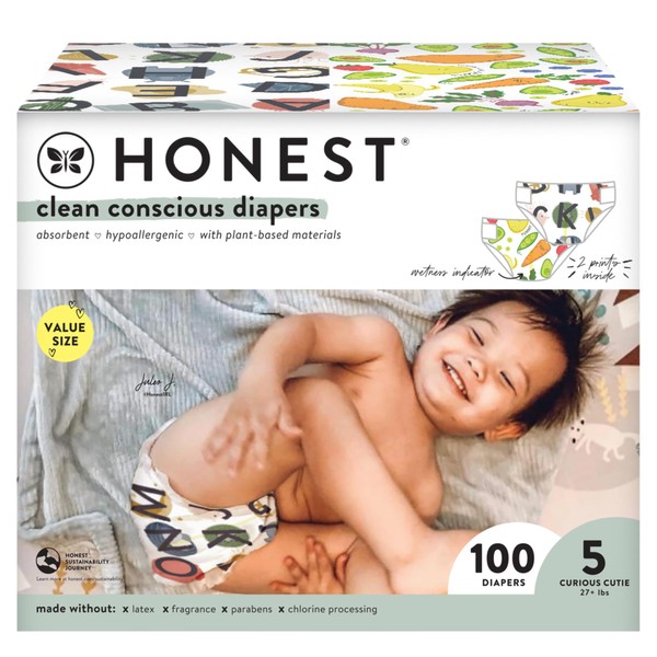 The Honest Company Clean Conscious Diapers | Plant-Based, Sustainable | So Delish + All the Letters | Super Club Box, Size 5 (27+ lbs), 100 Count