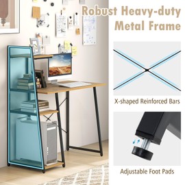 COSTWAY Computer Desk with 4-Tier Storage Shelves, Home Office Desk Writing Table with Sturdy X-Shape Frame, Adjustable Foot Pads, Modern Small Study Desk, Wide Tabletop (Natural and Black)