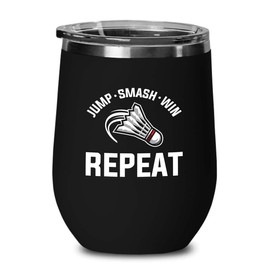 Badminton Black Edition Wine Tumbler 12oz - Jump smash win - Badminton Player Racket Sport Theme for Athlete Net Birdie Badmintonist Court Game