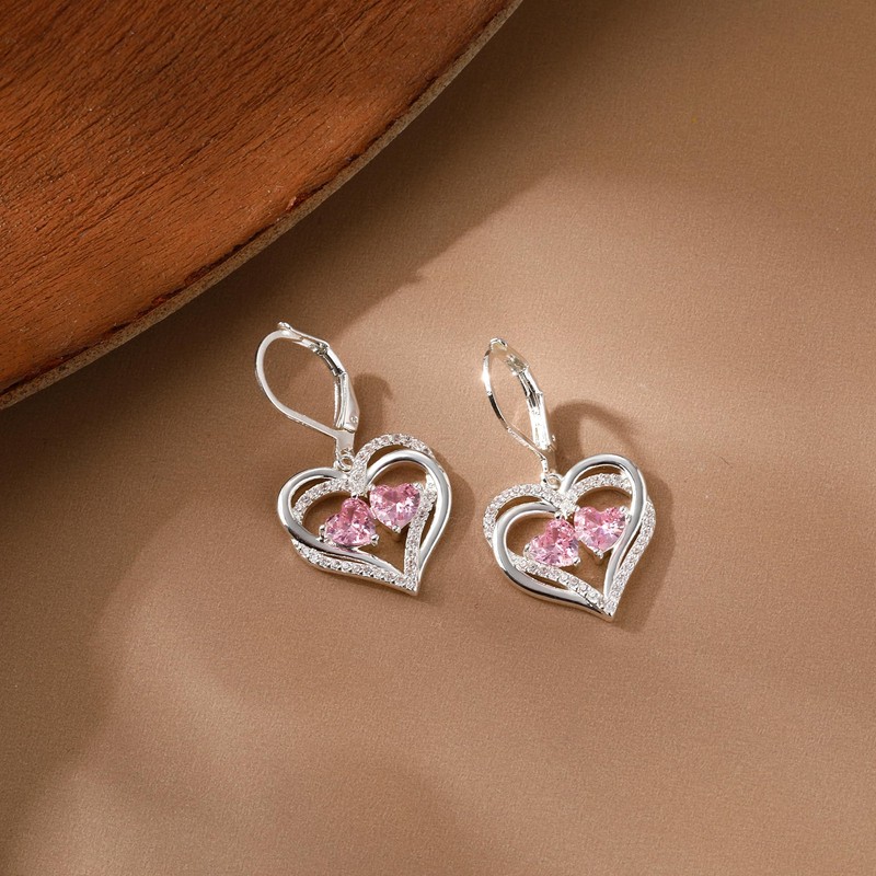 925 Sterling Silver Heart Earrings for Women Pink Silver Dangle