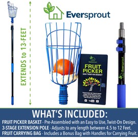 EVERSPROUT 4.5-to-12ft Durable Fruit Picker with 20+ Foot Reach – Telescoping Fruit Picker Pole, Lightweight Twist-On Fruit Picking Tool with Basket, Aluminium Extension Pole for Tree Fruit Harvesting