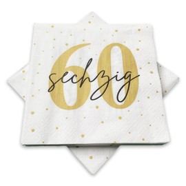 20 Napkins for 60th Birthday 33 x 33 cm White Gold Black