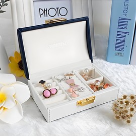 Mini Jewelry Box Organizer PU Leather 2 Layers, Cute Jewelry Box Pink Butterfly Design for Earrings Bracelet Necklace Rings Storage for Women Girls. Perfect for Home Decorative or Travel (Dark blue)