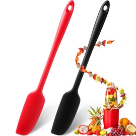 Long Handle Silicone Jar Spatula Non-Stick Rubber Scraper Heat Resistant Spatula Silicone Scraper for Jars, Smoothies, Blenders Cooking Baking Stirring Mixing Tools (2, Red, Black)