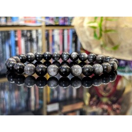 RAYON SILVER Obsidian Bead Bracelet for Men or Women Stretch 8mm 7 7.5 8 8.5 inch
