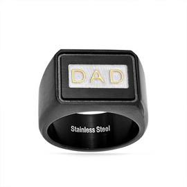 Mens Word Band Large Square Signet DAD Ring for Men Tri Toned Gold Oxidized Black Silver Tone Stainless Steel