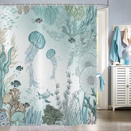 Hnmdmyi Jellyfish Shower Curtain 180x180, Nautical Coastal Tropical Fish Coral Teal Ocean Themed Underwater Marine Life Bathroom Curtains Waterproof Polyester Fabric Washable Bath Curtains with Hooks