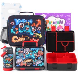 rockpapa 5 Compartment Bento Lunch Box with Ice Pack for Kids with Uensils & Insulated Water Bottle & Lunch Bag, BPA-Free Lunch Containers Set for School Boys Girls Ages 3+ (Black Games)