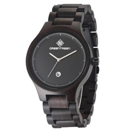 Greentreen Men's Handmade Solid Red Sandalwood Wooden Watch for Men Quartz Dial and Date Display, Bracelet, 52