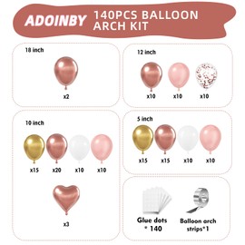 ADOINBY Rose Gold Balloons Arch Kit, 140Pcs Metalic Rose Gold Metallic Gold White Pink with Confetti Balloons for Bridal Shower Baby Shower Bachelorette Birthday Wedding Girl Anniversary Decorations