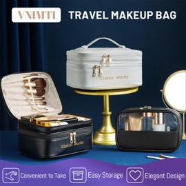 VNIMTI Makeup Bag for Women, Double Layer Travel Toiletry Bag Set, Large Cosmetic Organizer with Small Toiletry Bag, Portable Makeup Pouch with Brush Slot And Divider, PU Leather, White, Black, 2