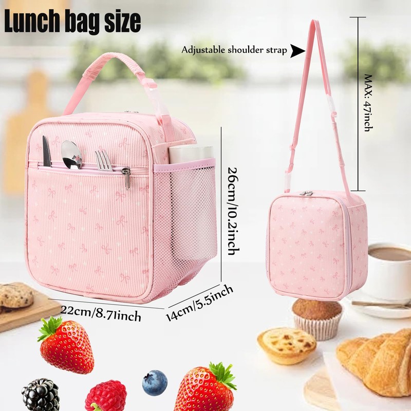 Dafelile Lunch Bag for Girls Women Kids,Reusable Insulated Corduroy Bow