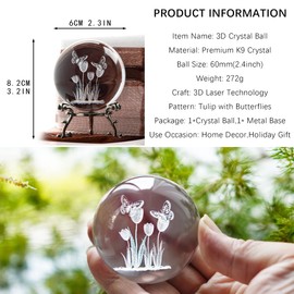 HDCRYSTALGIFTS 3D Laser Crystal Tulip Ball with Butterflies Paperweight - 60mm Engraving Decorative Balls Glass Full Sphere Figurine Decor
