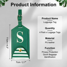 YELARXI Luggage Tags, Initial Letter Travel Luggage Baggage Labels PU Leather Tag Holder Waterproof for Privacy Protection ID Suitcase Identifier Backpack (4 Pack, Green S)