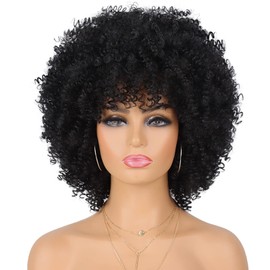 Looxey Afro Wig for Black Women Fluffy and Soft Synthetic Kinky Curly Wig Glueless Short Afro Wigs Nature Black Wigs with Bangs Curly Hair for Daily Party ...1.1