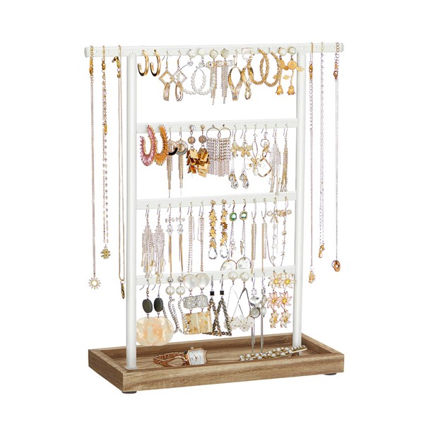 SONGMICS Jewellery Stand, 4-Tier Earring Holder Stand with Tray, Jewellery Orgniser, Wood Base, for Studs Necklaces, Vintage, Wood Color and White JJS019W01