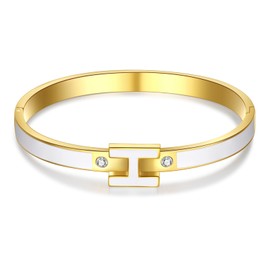 H Bracelet for Women - 18K Gold Plated Titanium Steel Cuff | Cubic Zirconia Bangle Jewelry Gift, Simple & Durable Everyday Wear (S/M/L Size) (White, Small)