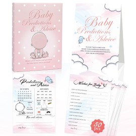 Predictions & Advice Cards for Shower Games, Advice and Wishes for New Parents to Be, 50 Pcs Party Prediction Cards, Display Stand, Boys Girls Gender Reveal Games for Guests, Style-004