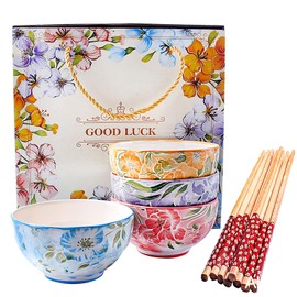 Ceramic Rice Bowl with Chopsticks Set of 4, 4.5'' Cereal Bowls