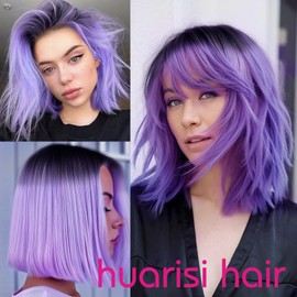 Huarisi Ombre U Part Bob Wigs Human Hair 12 Inch Short Straight Bob Purple Wig Real Hair for Black Women with Black to Purple Colour Brazilian U Part Wigs Bob Leave Out