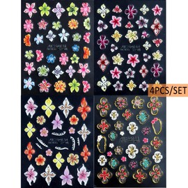 Fcozpjk Flower Nail Stickers 5D Embossed Lily Flower Stickers for Nails Hibiscus Self Adhesive Floral Nail Decals Gold Flower Nail Charms Vacation Nail Design Pegatinas para Uñas 4 Sheet