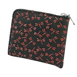 Indenya 1008-21-008 F Coin Purse, Deer Leather, Black Background x Red Lacquer, Dragonfly Pattern, Black, Red