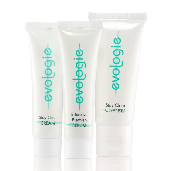 Evologie Stay Clear Starter Kit - Includes Stay Clear Cleanser, Intensive Serum, and Stay Clear Cream Moisturize - Skin Care Products Good For Teens, Men & Women - Travel Essentials Kit