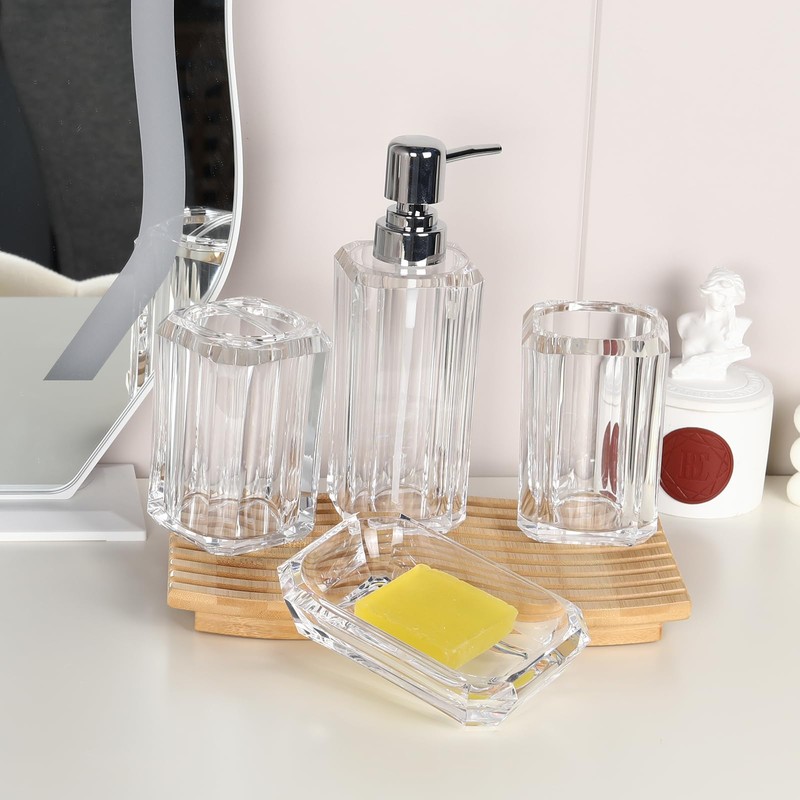 LGURT 4-Piece Clear Ribbed Acrylic Bathroom Accessory Set, Modern Countertop