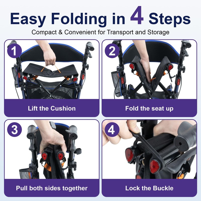 BlessReach Rollator Walkers for Seniors with Seat, Lightweight Walker, Blue