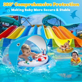 Baby Pool Float with Canopy，Baby Swim Float with UPF50+ Sun Protection Canopy and Toy Play Console，Inflatable Baby Float & Swimming Float with Adjustable Safety Seat for 3-36 Months