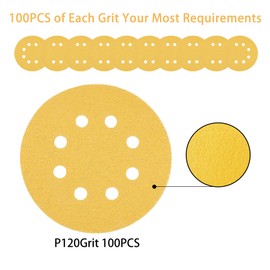Ajkwp 5-Inch 8-Hole Sanding Disc Hook and Loop, 100 Pcs Orbital Sanding Discs, 120 Grits Gold Sandpaper for Woodworking or Sanding Discs Gold Random Orbital Sander
