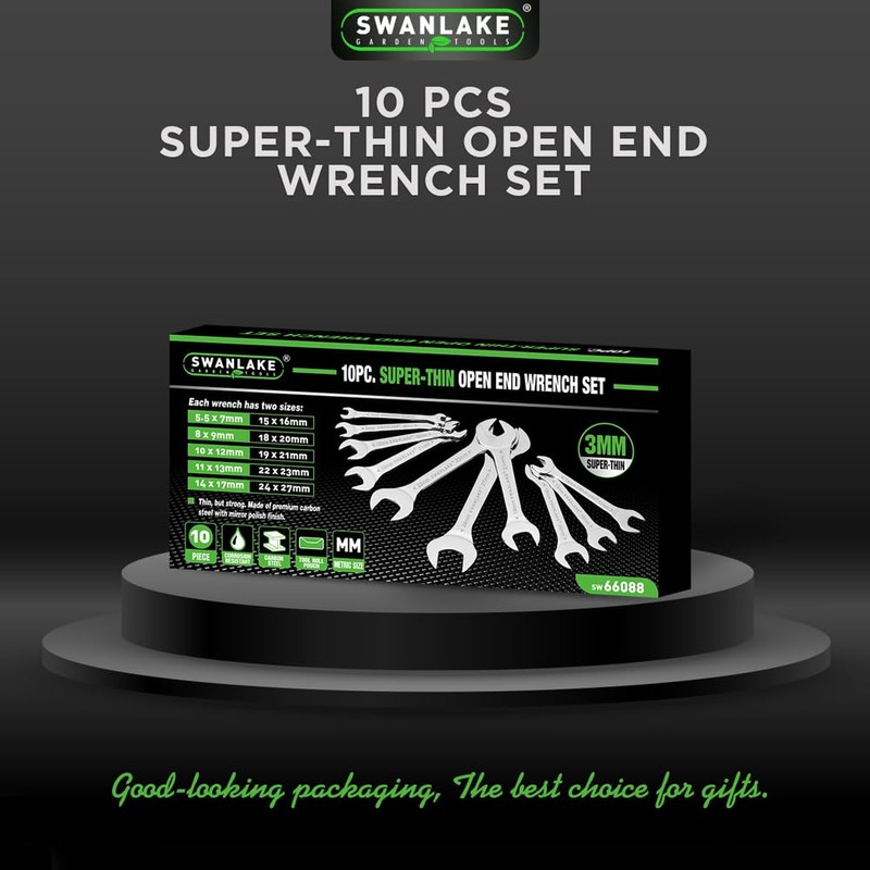SWANLAKE 10Pcs Super-Thin Open End Wrench Set, CR-V Steel, Metric,