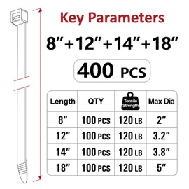 Zip Ties Assorted Sizes (18"+14"+12"+8")- 400 Pack, Zip Ties Heavy Duty with 120 lb Tensile Strength, Black Cable Ties, Wire ties, Paloka