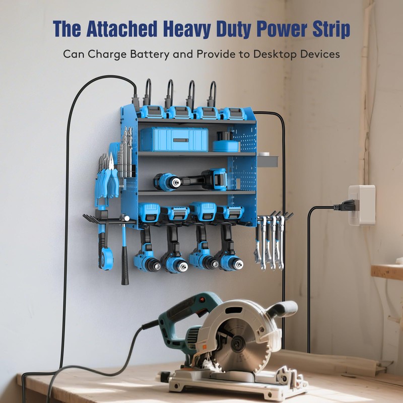 Heavy Duty Power Tool Organizer Wall Mount with Charging Station,