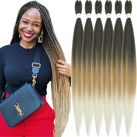 Xusuperb 36 inch Extra Long Pre Stretched Braiding Hair Extensions Ombre Black to Blonde EZ Braids Soft Yaki Colour T1B/27/613 Braiding Hair 6 Packs Kanekalon Synthetic Hair for Braiding(T1B/27/613#)