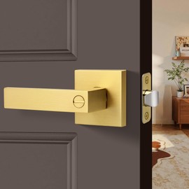 LOQRON Square Privacy Gold Door Handles (No Key) for Bathroom and Interior Closet, Heavy-Duty Brushed Gold Reversible Door Lever, Satin Brass, 1 Pack