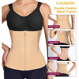 Chumian 3 Clip&Zip 6 Steel Boned Waist Trainer Corset Sport Workout Body Shaper Tummy Control (M, Beige)