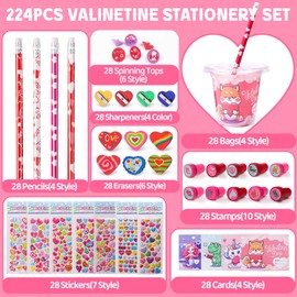 BEIKEETOO Valentines Day Gifts for Kids Classroom 28 Pack Valentines Day Cards for Kids School Exchange, 224PCS Stationery Set with Cups Party Favors Valentines Day Goodie Bag Stuffers Boys Girls