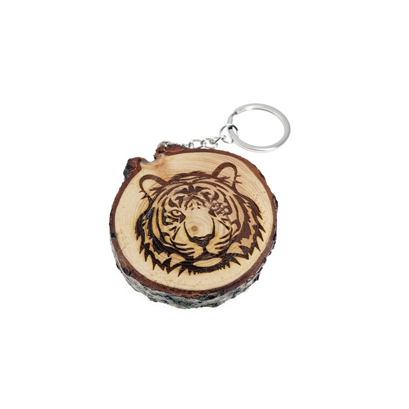 Generico Key Ring Made of Natural Wood with Tiger Design