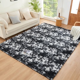 Litanika 3x5 Fluffy Shag Faux Fur Area Rug for Living Room Bedroom, Tie-Dyed Black White High Pile Soft Plush Shaggy Furry Bedside Playroom Dorm Carpet, Non-Slip, Non-Shedding Modern Indoor Floor Rug