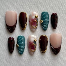 MAGLFELL Uñas Postizas de Gel de Otoño Almendradas de Longitud Media Hechas a Mano, Diseño de Pintura Marrón Artificiales Reutilizables para Mujer, Ki