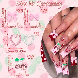 BELICEY 120Pcs Bow Nail Charms Pink White Acrylic Flatback Heart Nails Decoration Alloy Cherry Charms for Nails Gems and Rhinestones for Women Manicure DIY Nail Art Design Crafts