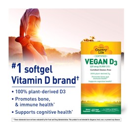 Country Life Vegan D3 5000 IU – Plant-Derived Vitamin D3 from Lichen – High Potency Immune & Bone Support – Certified Vegan, Gluten-Free, Non-GMO – 60 Softgels